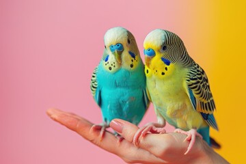 yellow and blue parrot on pink background. two parrots on a woman's hand. pastel colors. pet.