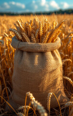 Wall Mural - A bag of wheat is sitting in a field of wheat