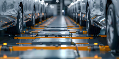Wall Mural - electric vehicle battery cell assembly line in automated factory a closeup view. concept electric ve