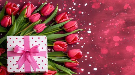 Wall Mural - bouquet of red tulips and gift box