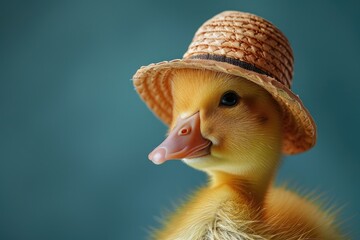 Wall Mural - A duckling in straw hat. Little duck in a professional photo studio. Mallard. Pet. Green background. Native bird.