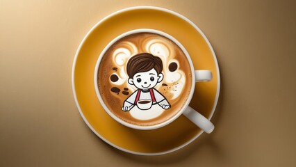 Wall Mural - A creative latte art depiction of a cartoon character in a coffee cup