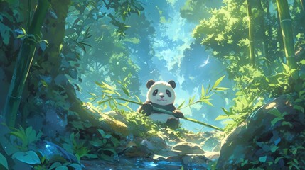 Poster - Cute Panda in a Bamboo Forest.