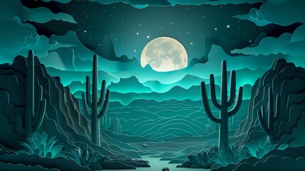Wall Mural - An enchanting 3D papercut depiction of a desert night with cacti silhouetted against a full moon, detailed layers adding depth, Papercut, Dark blues and greens, Intricate textures