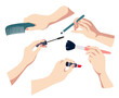 © EVGENIY - Makeup and beauty, hand icons set. Hand holds comb, lipstick, brushes for blush and eye shadow, mascara. Makeup artist and hairdresser arms set