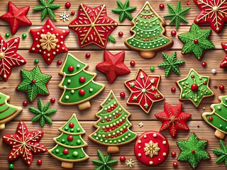 Wall Mural - Vibrant red and green Christmas patterned cookies arranged on a festive holiday banner background with snowflakes, trees, and stars creating a joyful atmosphere.