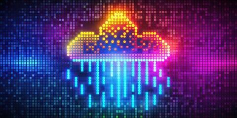 Sticker - Vibrant pixel rain abstract illustration with retro icon and digital flair on flat symbol background, ideal for futuristic digital art design projects.