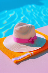 Wall Mural - A sun hat with a pink ribbon and an orange towel by a pool. Minimal summer vacation concept.