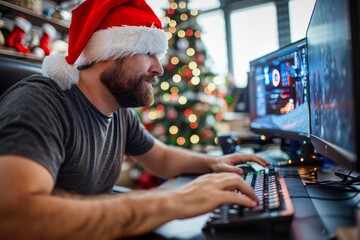 Wall Mural - A cheerful programmer, wearing a Santa hat, sits at his computer with a Christmas tree in the background. He types intently on the keyboard, focused on his work