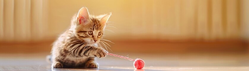 Adorable kitten batting at a string, playful pose, detailed fluffy fur, bright indoor setting, high-resolution, showcasing innocence and fun, versatile for various commercial uses