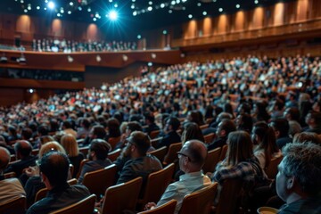 Wall Mural - Crowded conference hall with audience listening attentively to speaker in the distance, captured in high-angle view showing engaged expressions