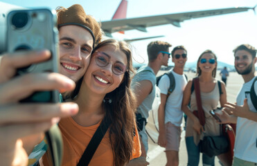 Poster - happy couple taking selfie photo at airport with crowd of people getting on the plane behind them