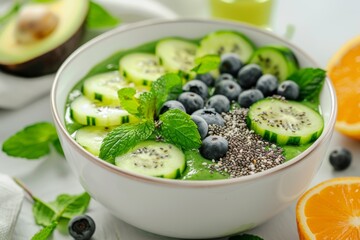 Vibrant Smoothie Bowl with Cucumber Slices, Chia Seeds, and Fresh Fruits for a Healthy Breakfast