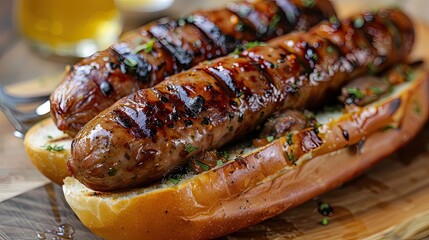 Spicy grilled sausage with bun made of pork Grilled sausage sandwich