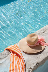 Wall Mural - A sun hat with a pink ribbon and a striped towel resting on the edge of a pool. Minimal summer vacation concept.