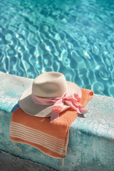 Wall Mural - A sun hat with a pink ribbon and a striped towel placed by a pool's edge. Minimal summer vacation concept.
