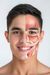 Front view of a young man smiling, half of his face showing internal muscles anatomy