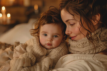 A mom lovingly cuddling her baby on a soft bed, affectionate, warm lighting, closeup shot.