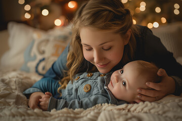 A mom lovingly cuddling her baby on a soft bed, affectionate, warm lighting, closeup shot.