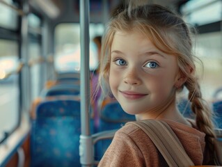 A young girl traveling by bus with her backpack, ready for an adventure