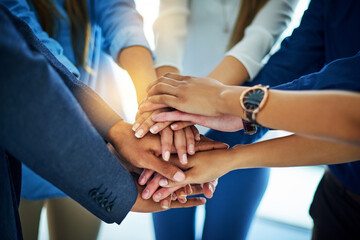 Wall Mural - Group, business people or hands in huddle for collaboration, support or diversity in workplace community. Staff, trust or teamwork at company office with commitment, together for goal with solidarity