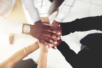 Poster - Business people, team and stack of hands in office for diversity, support and collaboration. Connection, solidarity and employees with goal, win or celebration for achievement in workplace from above