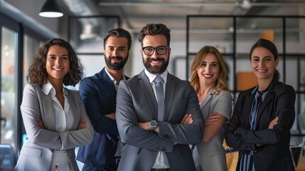 Wall Mural - A diverse group of business professionals standing together in an office, smiling confidently with arms crossed, representing teamwork, collaboration, and a professional environment.