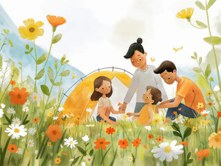 Wall Mural - A family of four is sitting in a field of flowers, with a yellow tent in the background. Scene is cheerful and peaceful, as the family enjoys their time together in nature