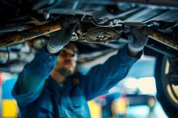 Wall Mural - A mechanic wearing gloves inspects the undercarriage of a car lifted on a hoist in an auto repair shop