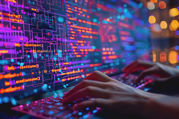 Programmer's hands on keyboard writing source code, screen showing code.