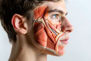 Side view of a man face internal muscles anatomy isolated on white background