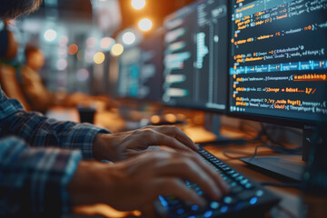 Programmer's hands on keyboard writing source code, screen showing code.