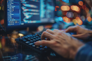 Wall Mural - Programmer's hands on keyboard writing source code, screen showing code.