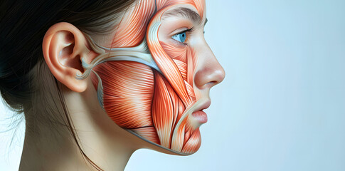 Wall Mural - Side view of a woman face internal muscles anatomy isolated on white background