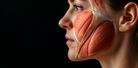 Wall Mural - Side view of a woman face internal muscles anatomy isolated on black background