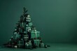© DK_2020 - Green Christmas presents and gifts stacked into a festive Christmas tree shape