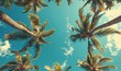 © Kevin - Blue sky and palm trees view from below, vintage style, tropical beach and summer background, travel concept, Generative AI