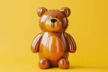 inflatable bear balloon, matte brown plastic material, cute shape, solid yellow background, no shado