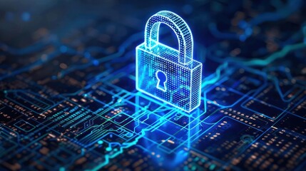 A digital blue glowing padlock on dark digital background illustrating cyber security concept