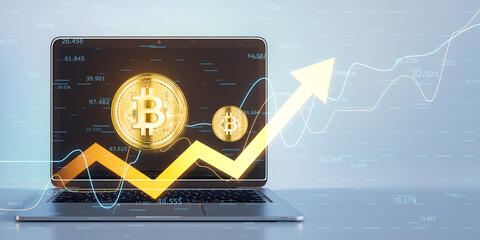 Canvas Print - A laptop displaying a gold Bitcoin with rising financial graphs, illustrating cryptocurrency growth, set on a light blue digital background, concept of investment and finance. 3D Rendering