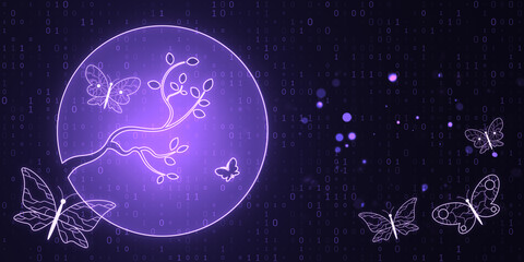 Digital art of a glowing tree with butterflies, set against a dark backdrop filled with binary code, for a technology concept. 3D Rendering
