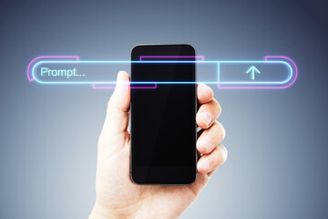 Poster - A hand holding a smartphone with a glowing neon progress bar, against a dark background, symbolizing data processing