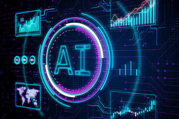 Canvas Print - An illuminated AI symbol with digital graphs on a dark circuitry background, depicting the concept of artificial intelligence. 3D Rendering