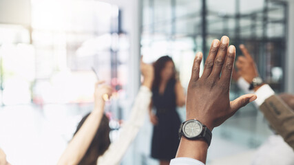 Sticker - Meeting, Hands raised and business people with question in office for finance presentation. Discussion, team and speaker with audience of financial advisors with answer or vote at corporate seminar.