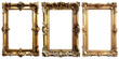 © SappiStudio - Set of empty vintage natural wooden gold photo frames on transparent background. Realistic border antique rectangular picture frame for design, Image display concept. Golden luxury border frame design
