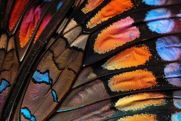 Detailed macro photograph of a butterfly wing complex mosaic of patterns and vibrant hues