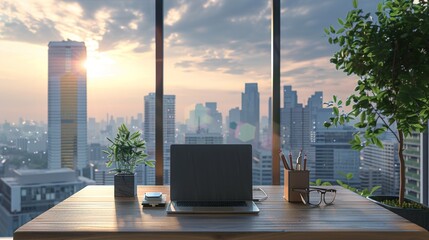 Wall Mural - Minimalist Workspace with City View.