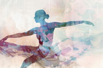 Wall Mural - Double exposure silhouette of a dancer in a dynamic pose abstract watercolor patterns in soft pastels