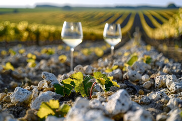 White wine from Sancerre Chavignol vineyards with flint soil near Sancerre village France