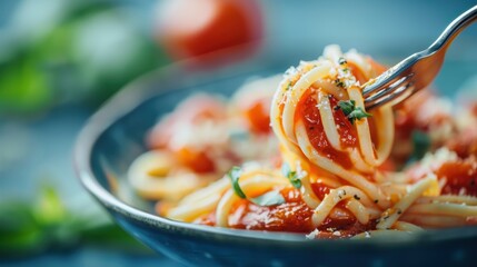 Wall Mural - A close-up of a fork lifting spaghetti drenched in tomato sauce, garnished with grated cheese and fresh herbs, set against a vibrant background of tomatoes and greenery.